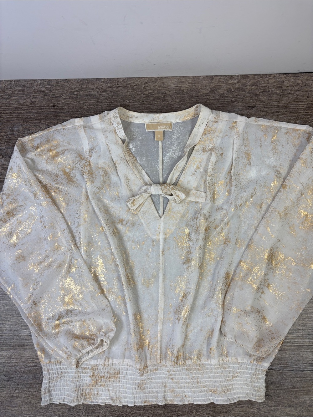 MICHAEL Michael Kors Gold Foil Metallic Tie Neck Blouse Ivory XL